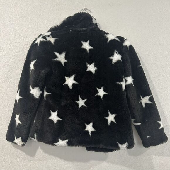 Girls Star Print Faux Fur Jacket Black White Soft 10/12 Large (See Measurements) - Picture 4 of 5